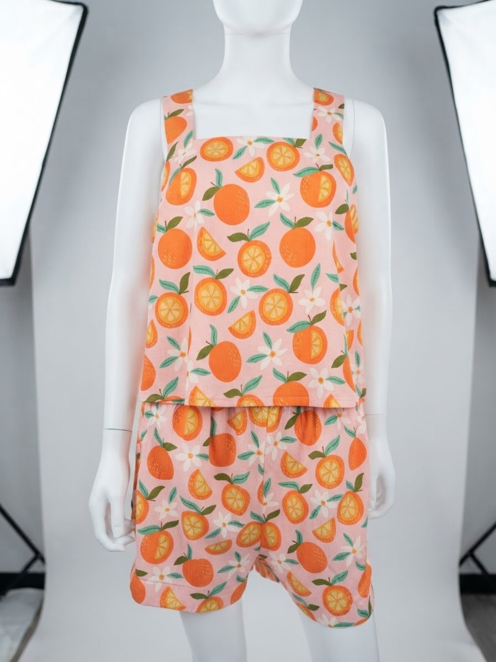 Womans Orange Citrus Print Pajama Set - Pink